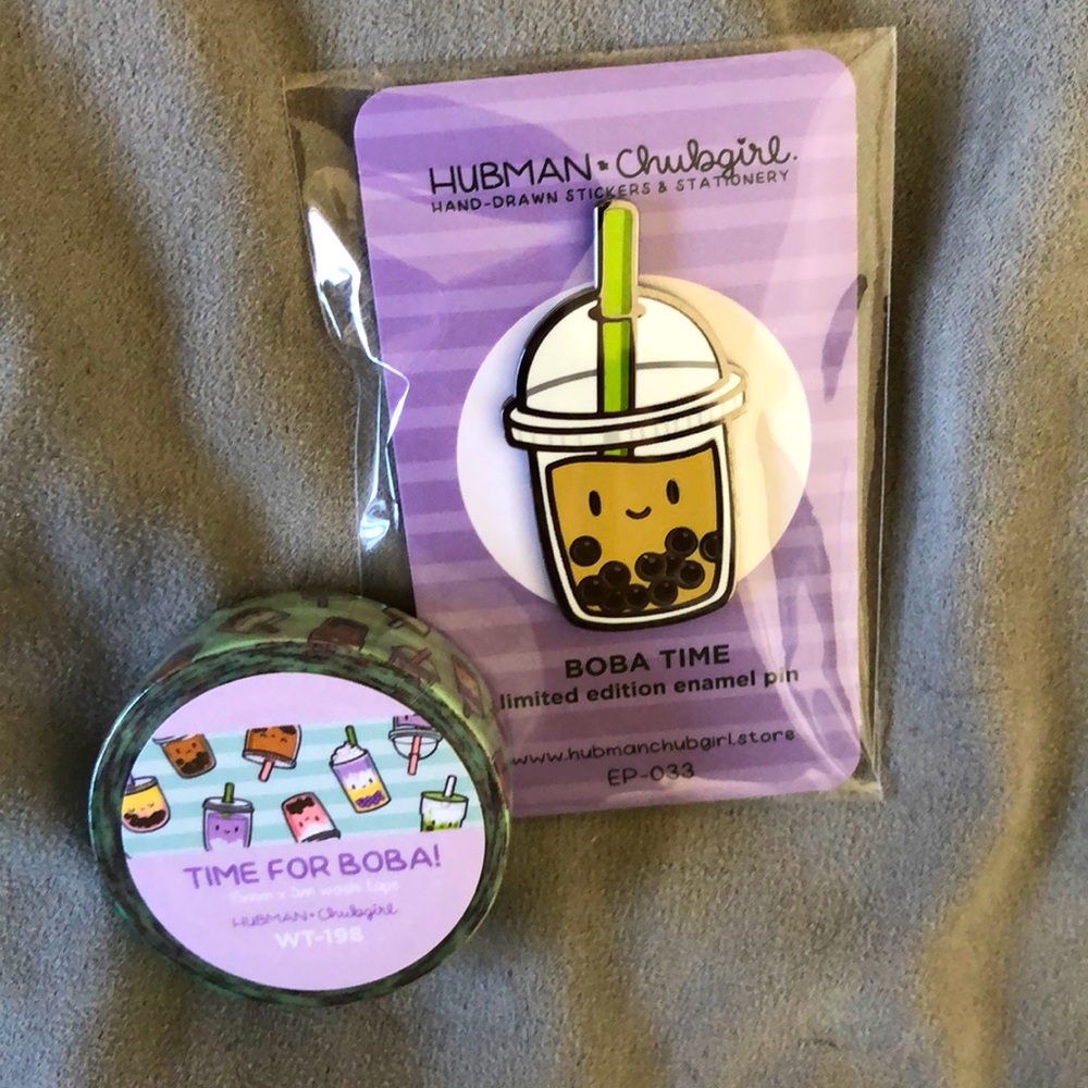 NWT Hubman and Chubgirl Boba Theme Limited Edition Enamel Pin and Washi Tape